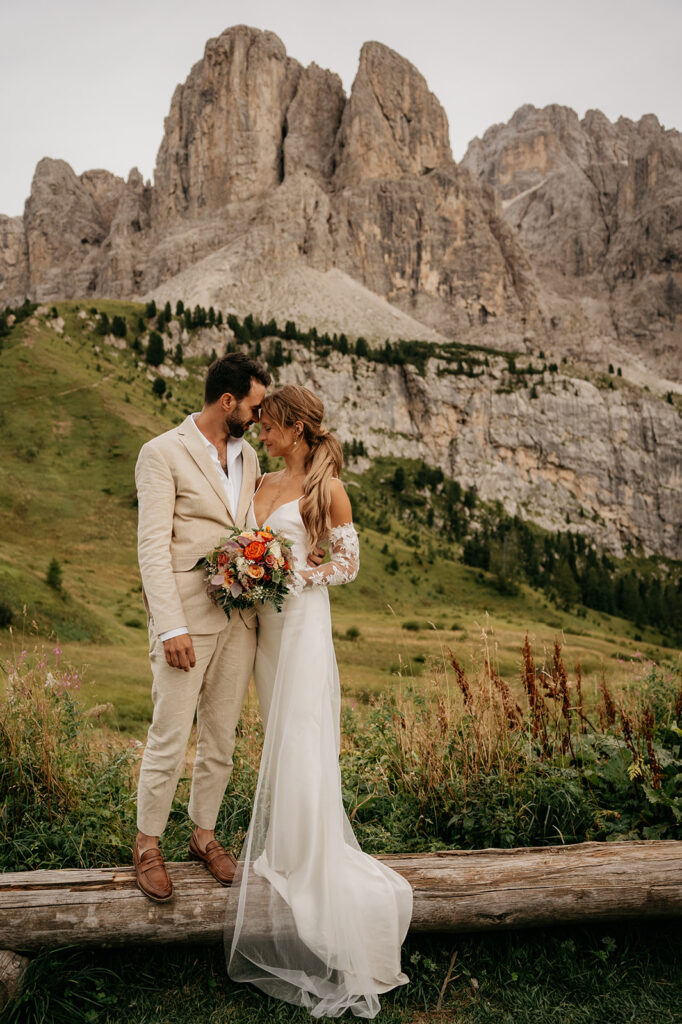 Bride and groom in mountain landscape