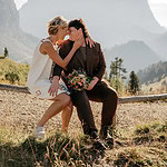 Couple embracing with mountain backdrop