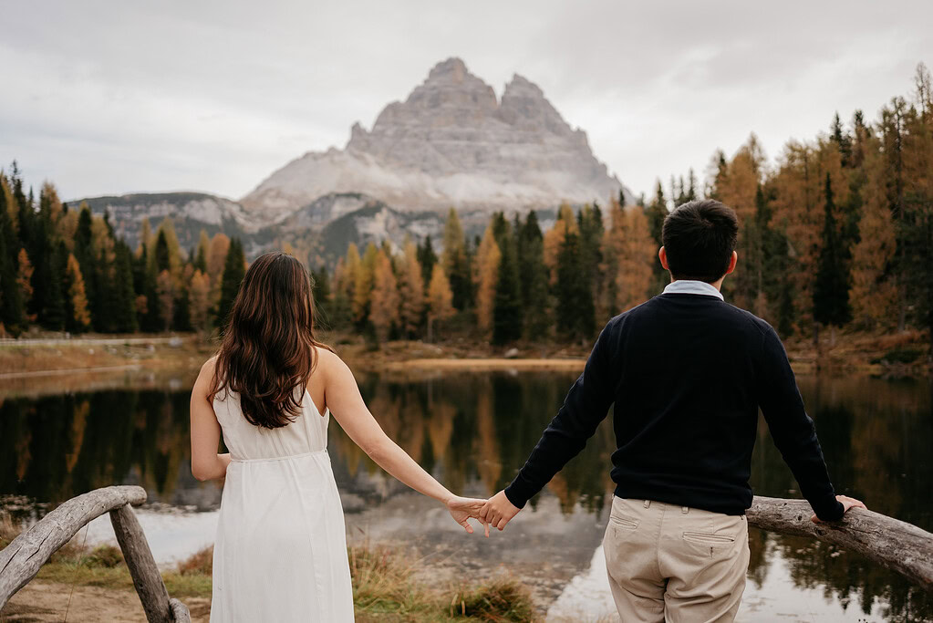 Couple holding hands facing mountain view.