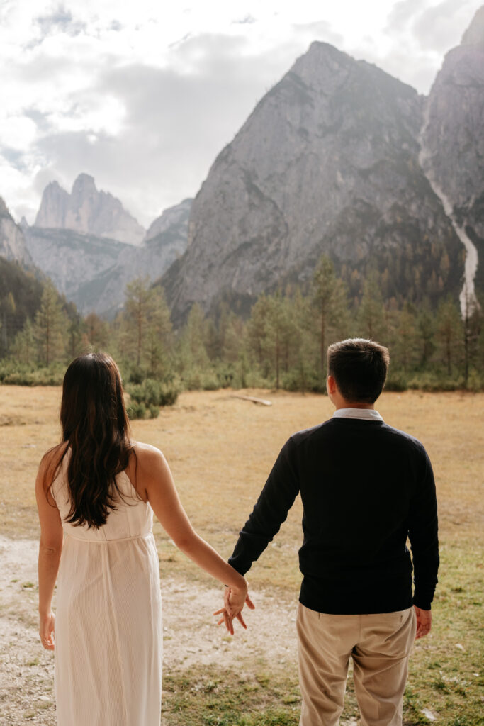 Couple holding hands, facing mountain landscape.