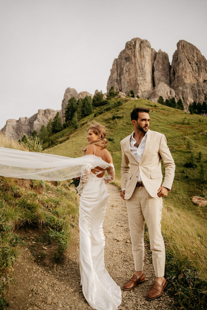 Bride and groom in mountain landscape