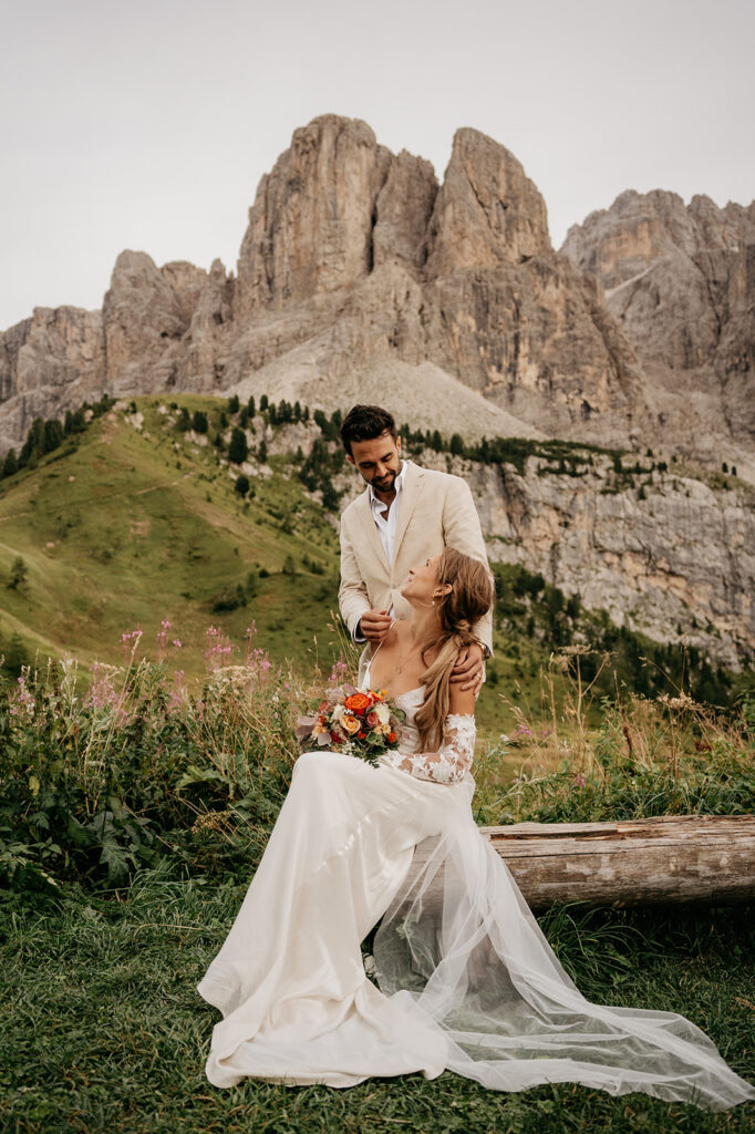 Bride and groom in mountain landscape