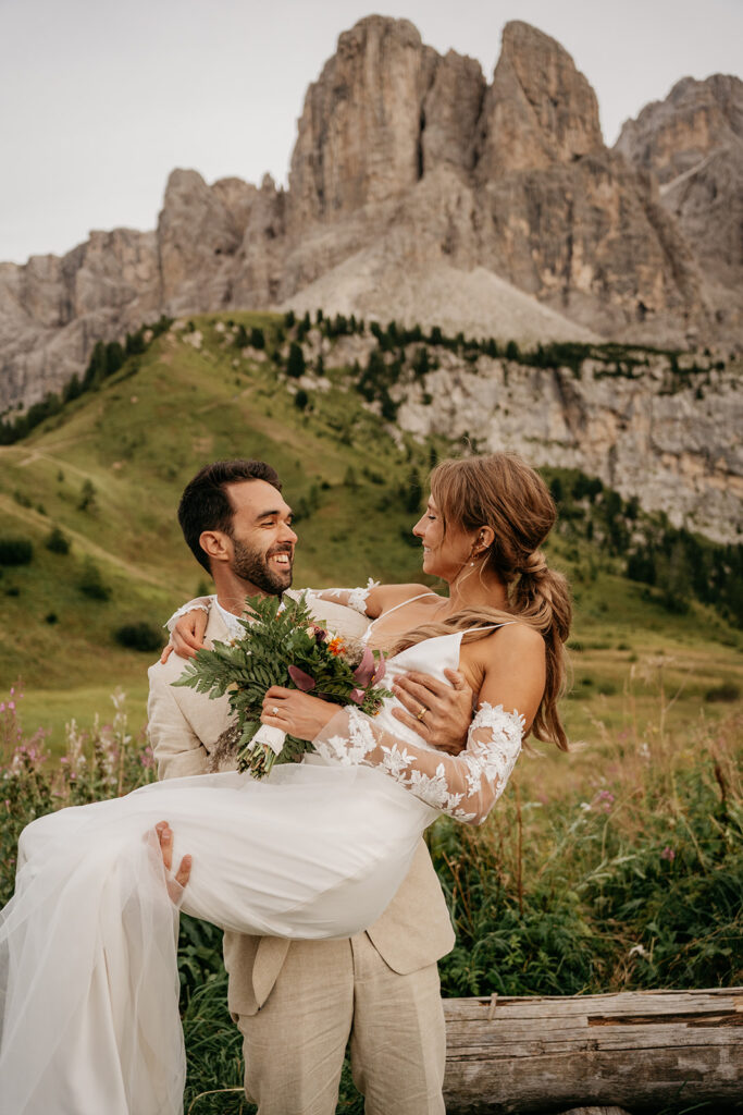 Bride and groom in mountain landscape