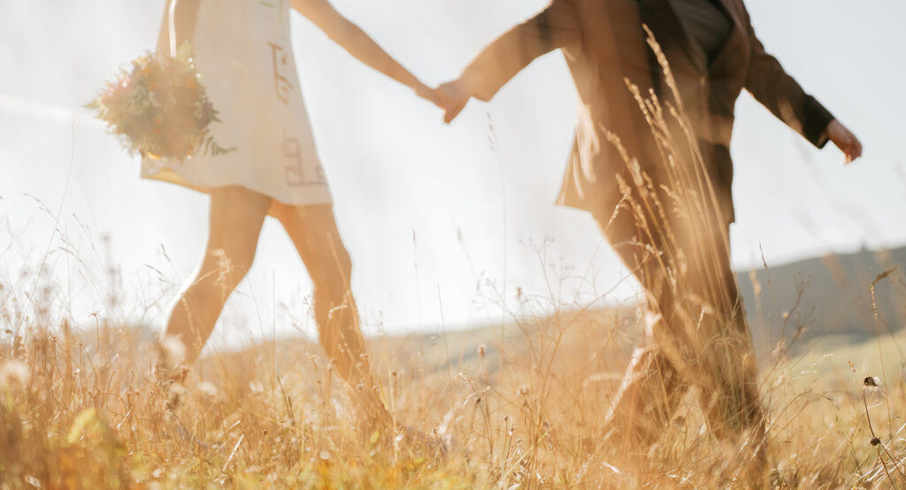 Couple holding hands in sunny field.