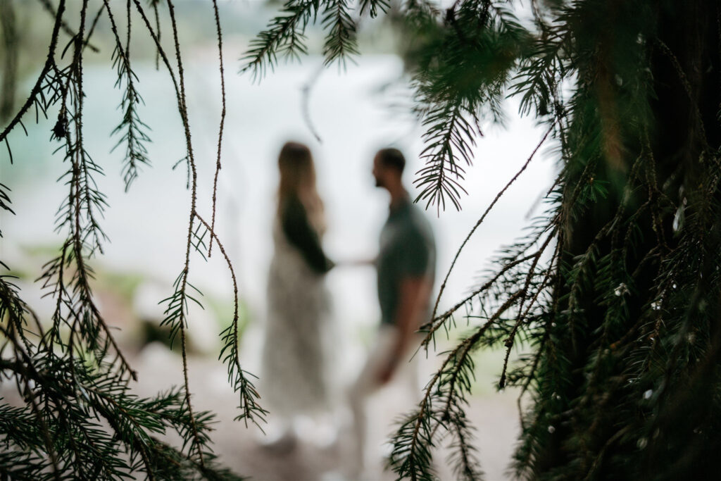 Silhouettes of couple framed by tree branches.