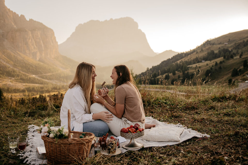 Corina & Rebecca • Sunset Bliss • Picnic Surprise Proposal Photoshoot in the Dolomites