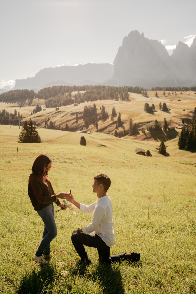 Man proposing in scenic mountain meadow