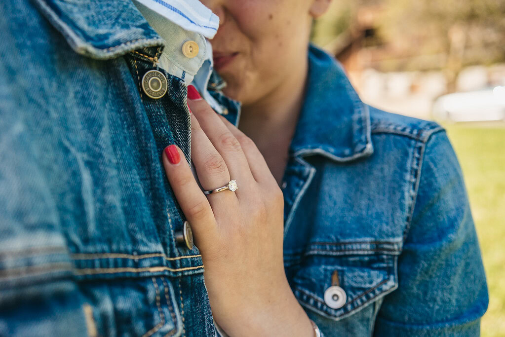 Close-up of engagement ring on woman's hand.