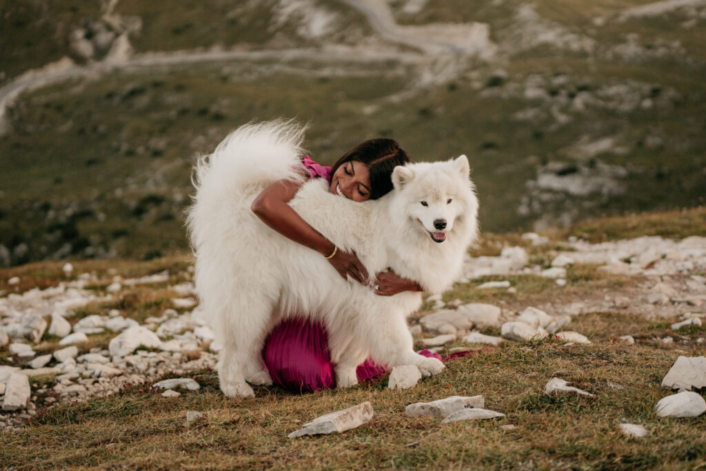 Person hugging fluffy white dog on hillside