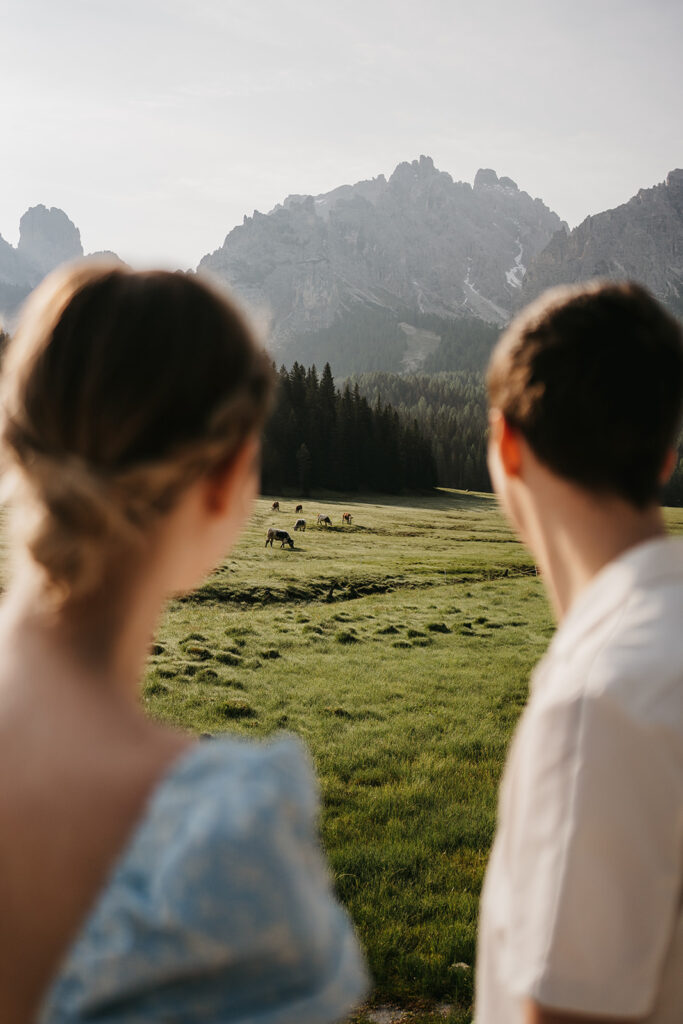 Two people observing cows in a serene meadow.