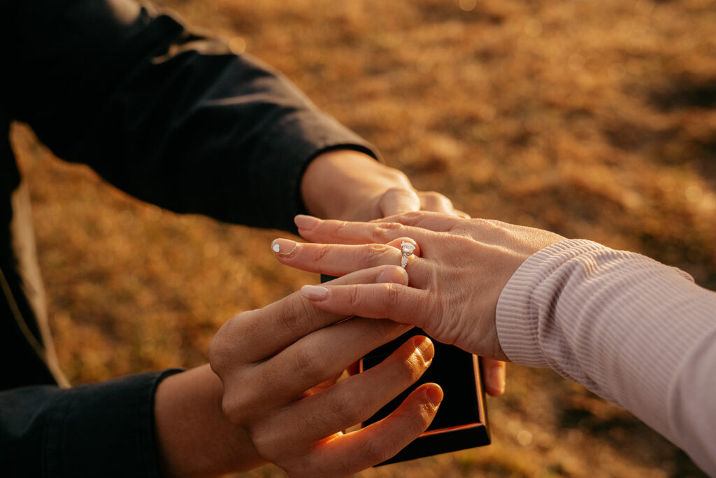 Closeup of hands exchanging engagement ring outdoors