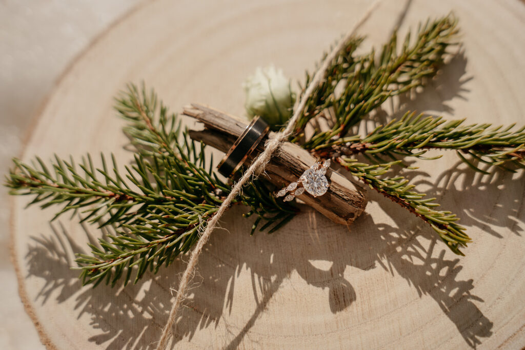 Wedding rings on wood slice with pine sprigs.