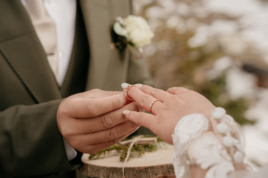 Groom placing wedding ring on bride's finger