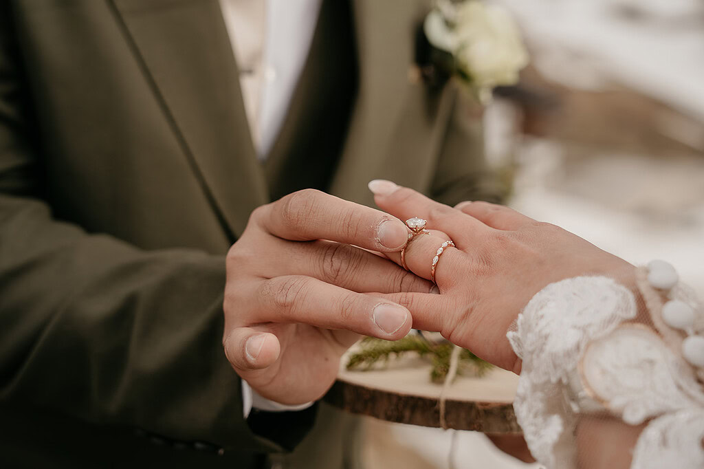 Couple exchanging wedding rings, close-up view.