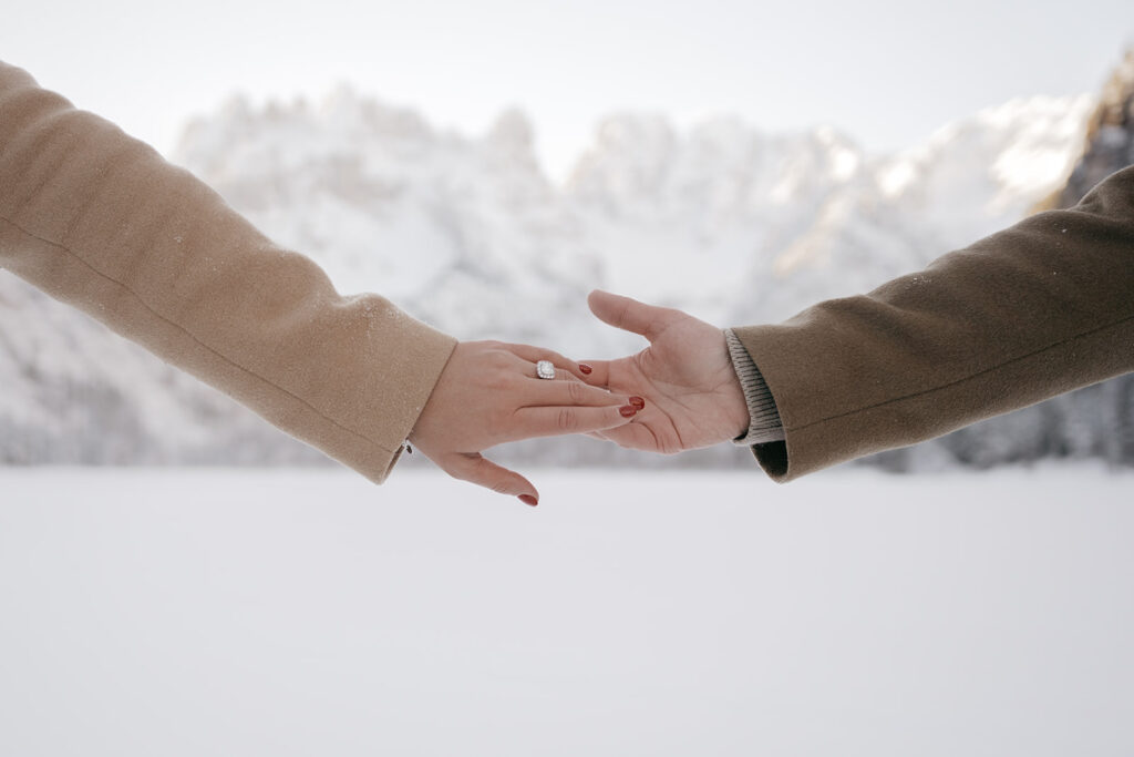 Couple holding hands in snowy landscape