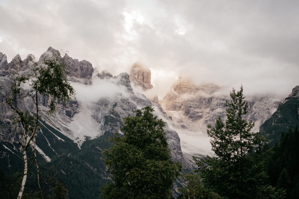 Cloudy mountain landscape with trees foreground