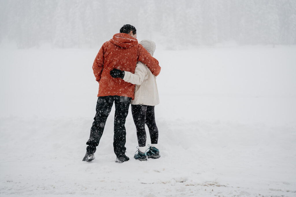 Couple embracing in snowy winter landscape