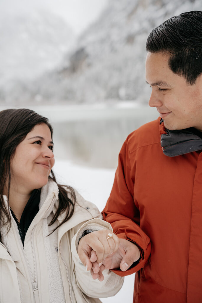 Couple holding hands in snowy landscape