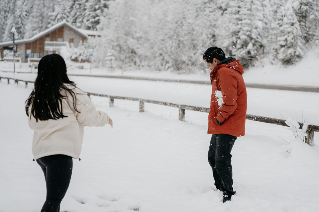 Snowball fight in winter landscape