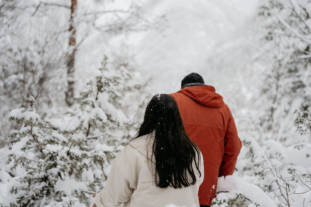 People walking in snow-covered forest