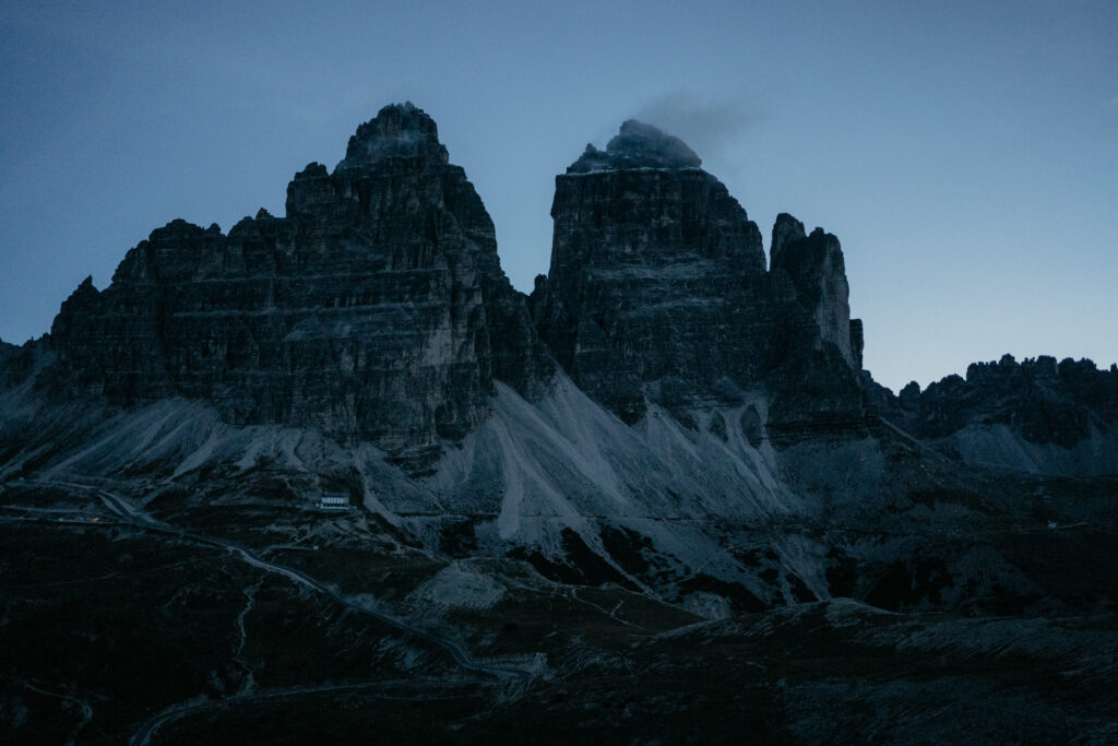 Majestic mountain peaks at dusk in Dolomites, Italy.