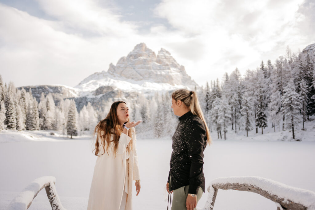 Women enjoying snowy mountain landscape