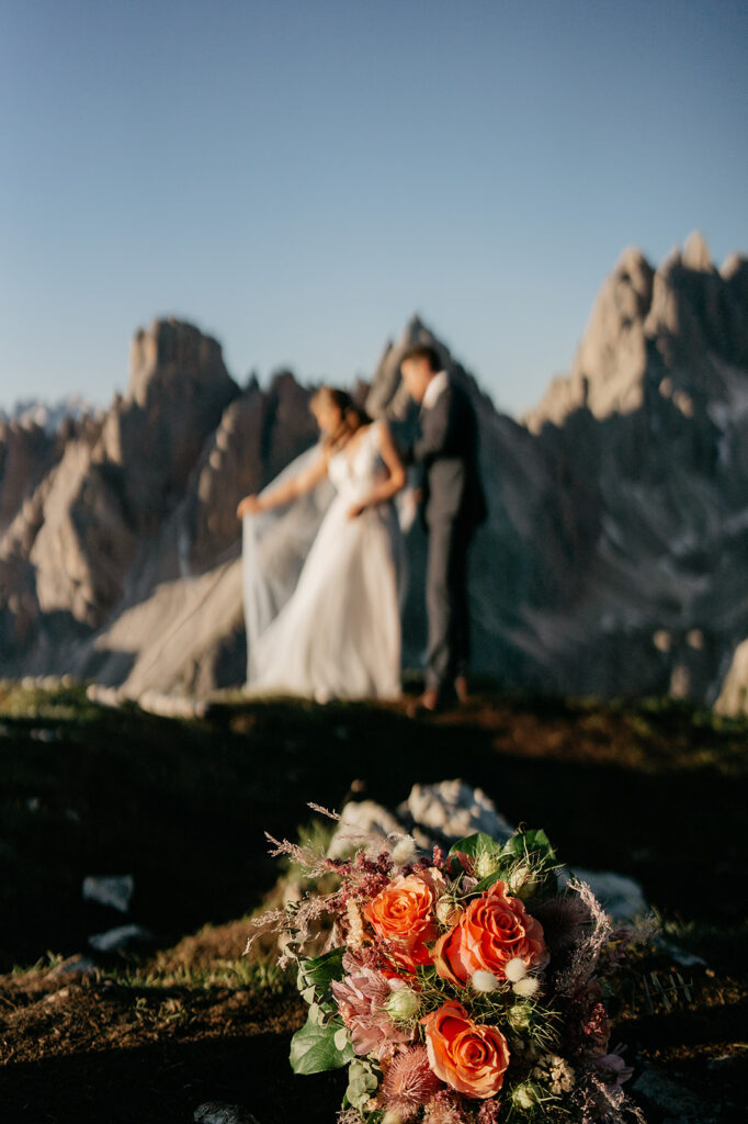 Wedding bouquet with mountains in the background