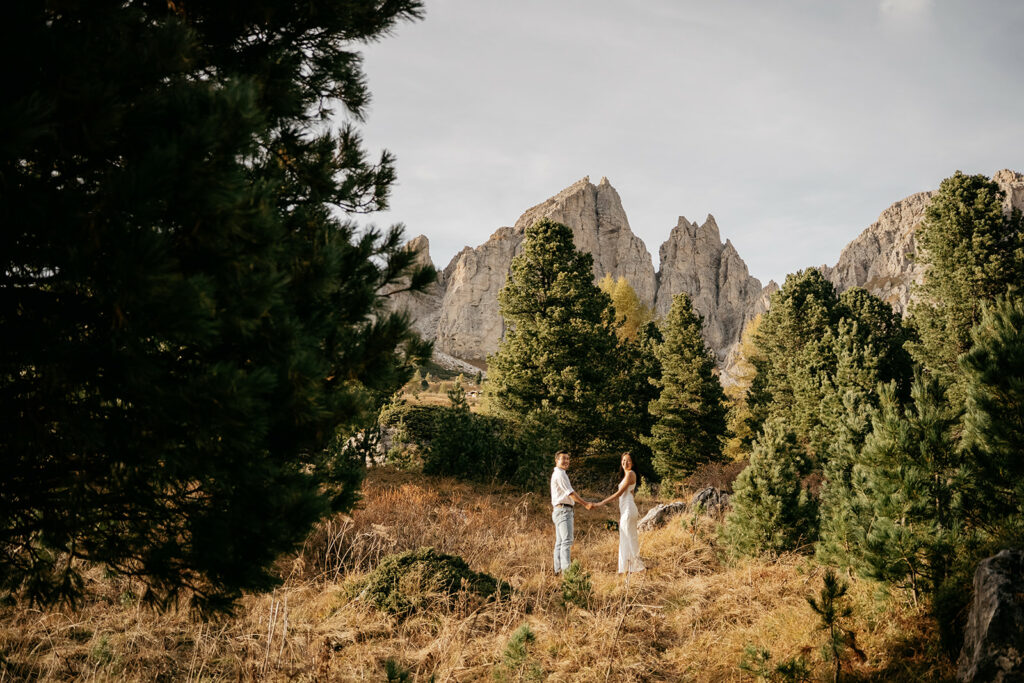 Couple holding hands in forest with mountains background.
