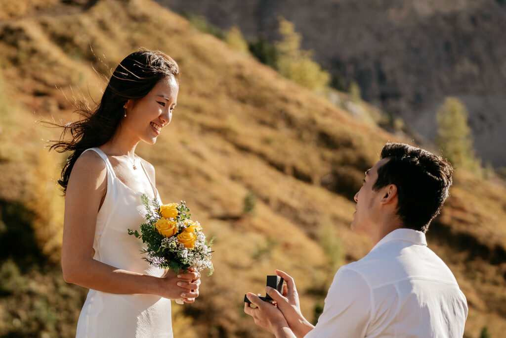 Romantic outdoor proposal with bouquet and ring box.
