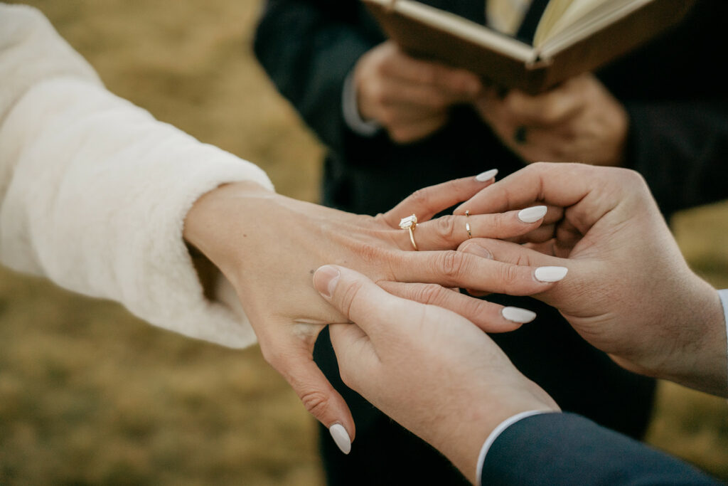 Couple exchanging rings during wedding ceremony.
