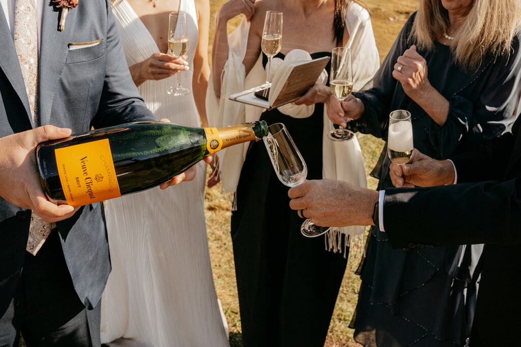 Group toasting with champagne at outdoor celebration.