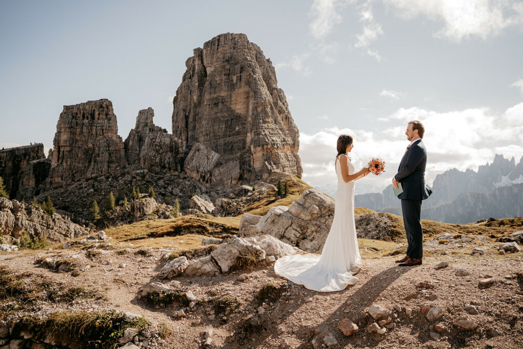 Bride and groom in mountain wedding ceremony
