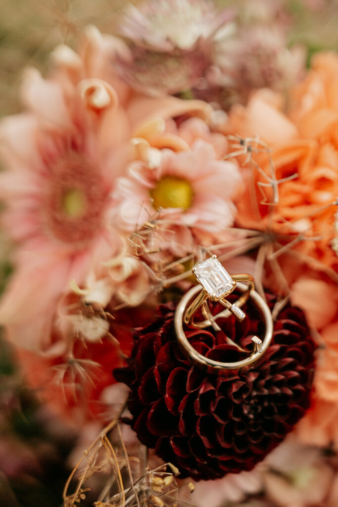Rings and flowers close-up with diamond detail.