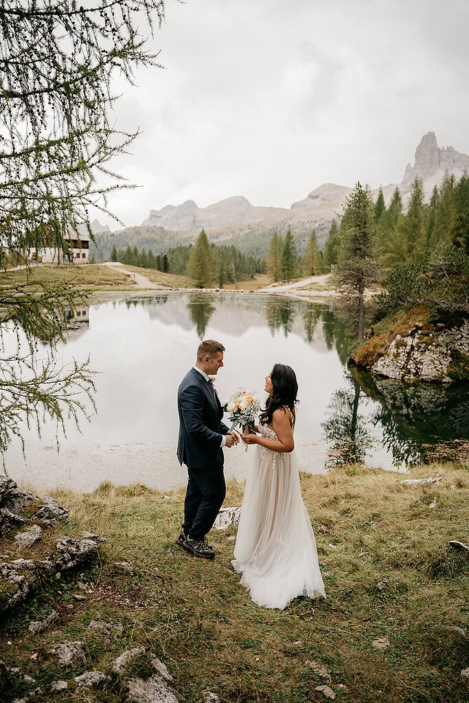 Wedding couple by scenic mountain lake.