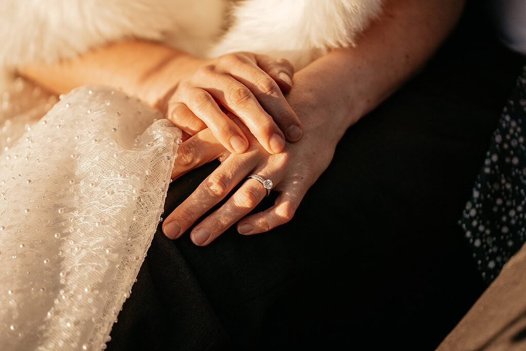 Close-up of intertwined hands with wedding ring